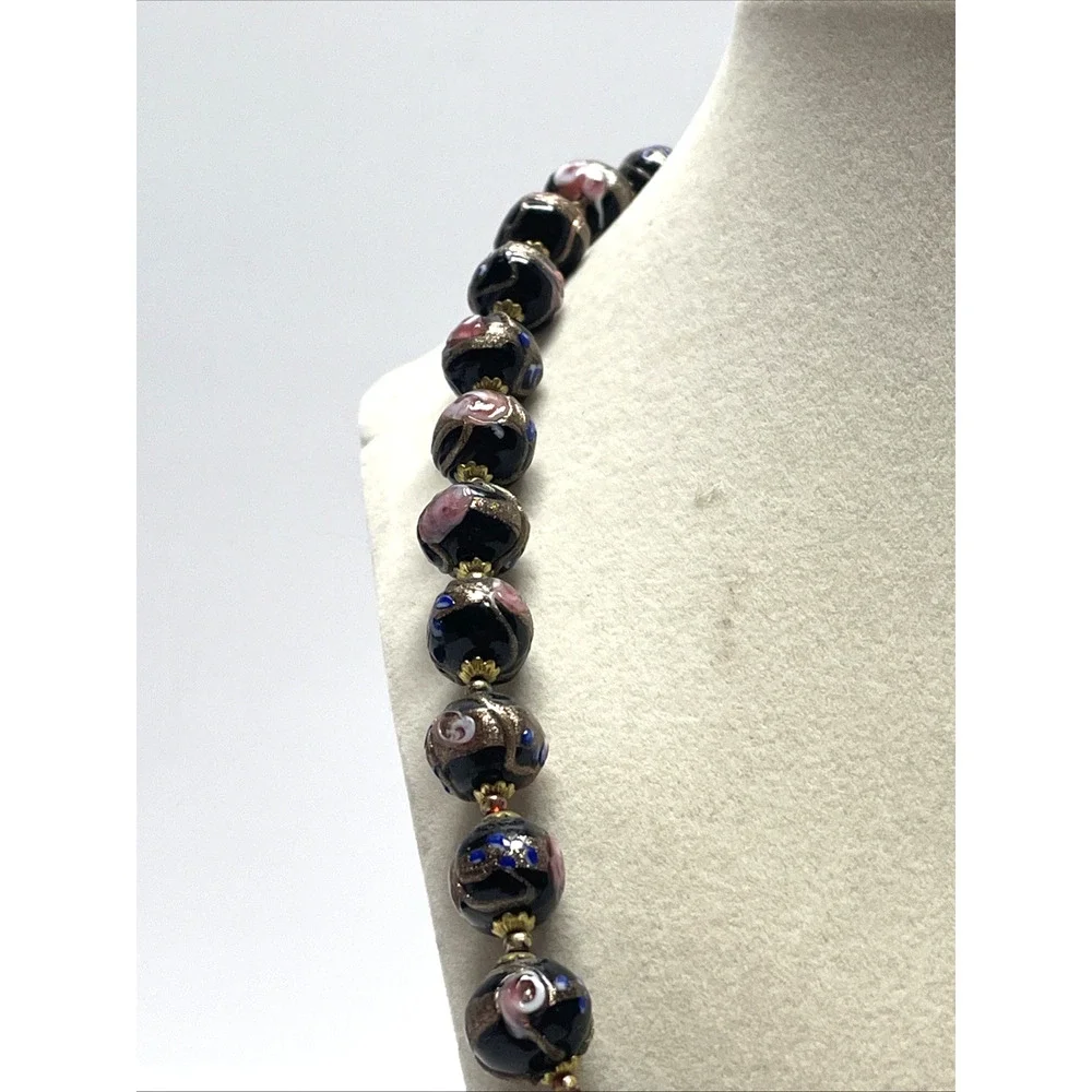 Vintage Venetian Wedding Cake Glass Bead Necklace Black Pink Blue Gold 22 inch